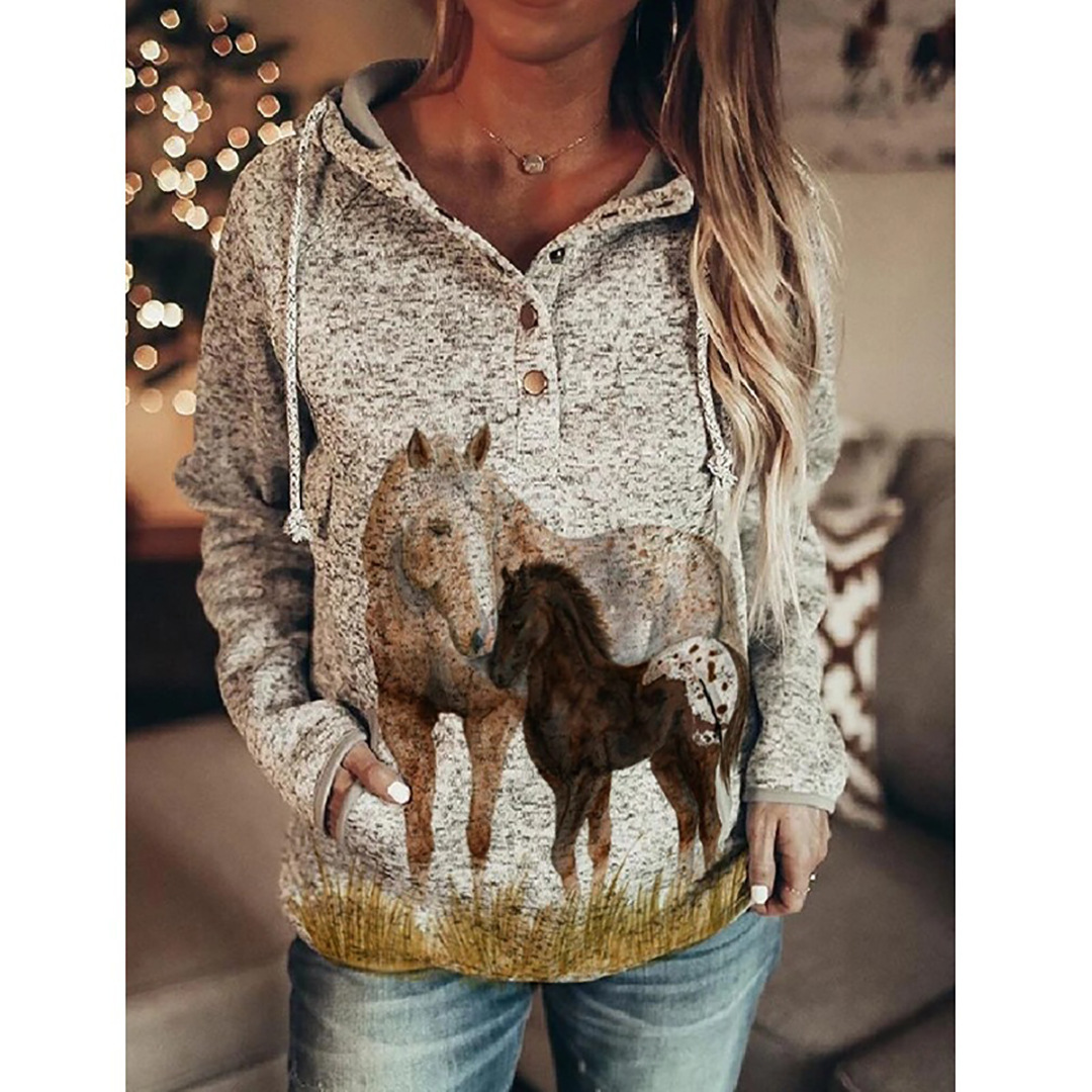 Women Retro Printed Pullover Hoodie, Casual Retro Floral Print Hooded Sweatshirt