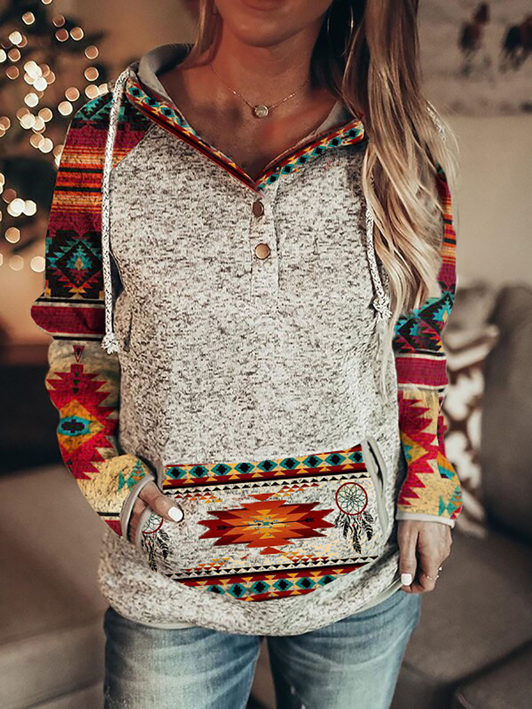 Women Retro Printed Pullover Hoodie, Casual Retro Floral Print Hooded Sweatshirt