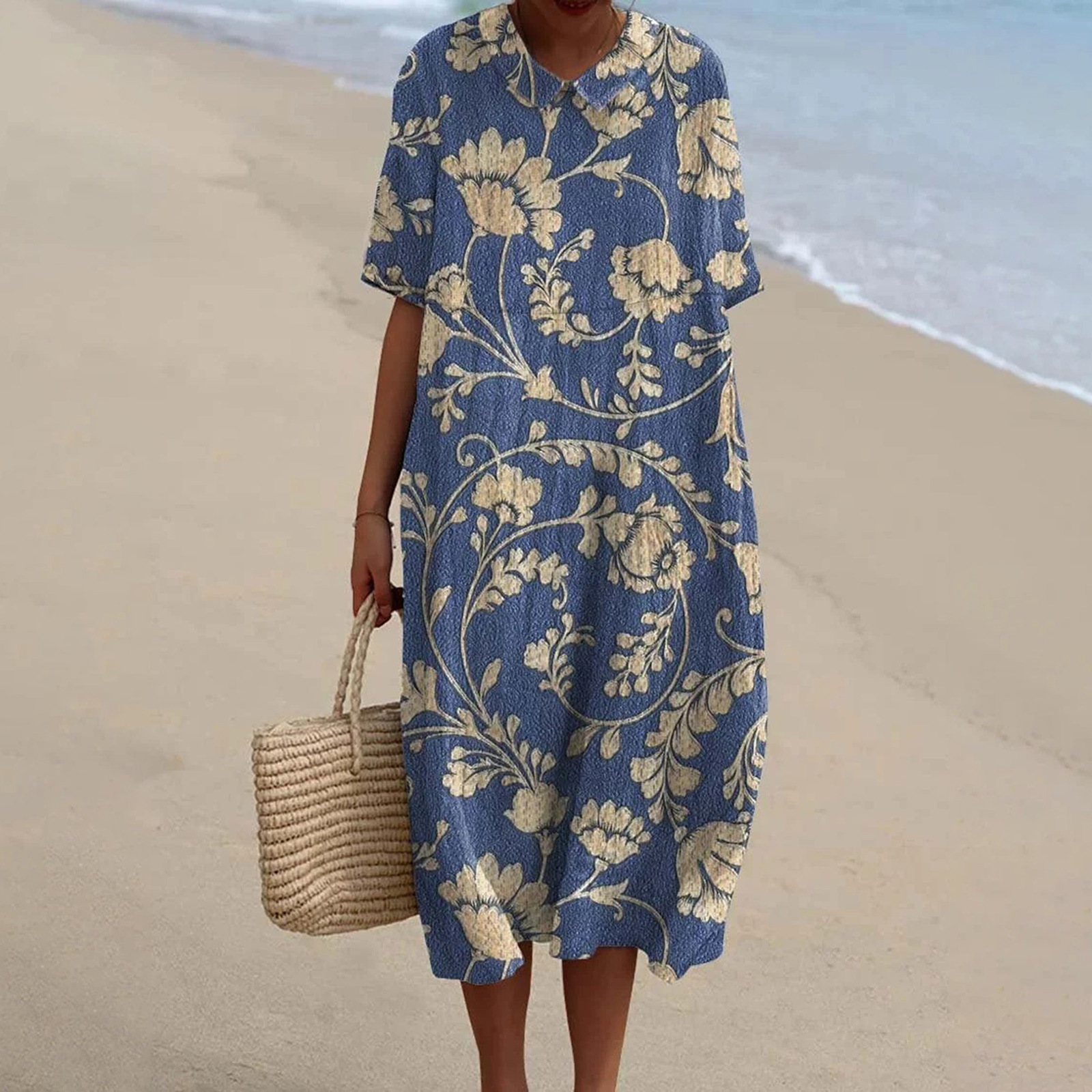 Women's Vintage Floral Art Print Pocket Linen Dress（Convertible Dress With Front And Back Option）