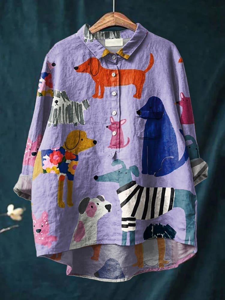 Women's Simple Colorful Flat Cat Print Casual Cotton And Linen Shirt