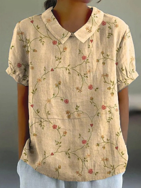 Women's Retro Floral Print Cotton Linen Casual Shirt