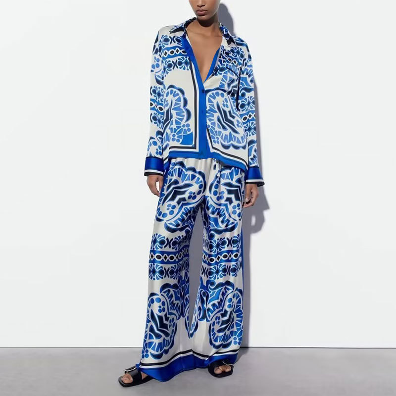 Beauty Unique Print Long Sleeve Shirt And Elastic Waist Pants Set