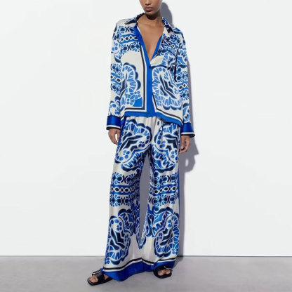 Beauty Unique Print Long Sleeve Shirt And Elastic Waist Pants Set