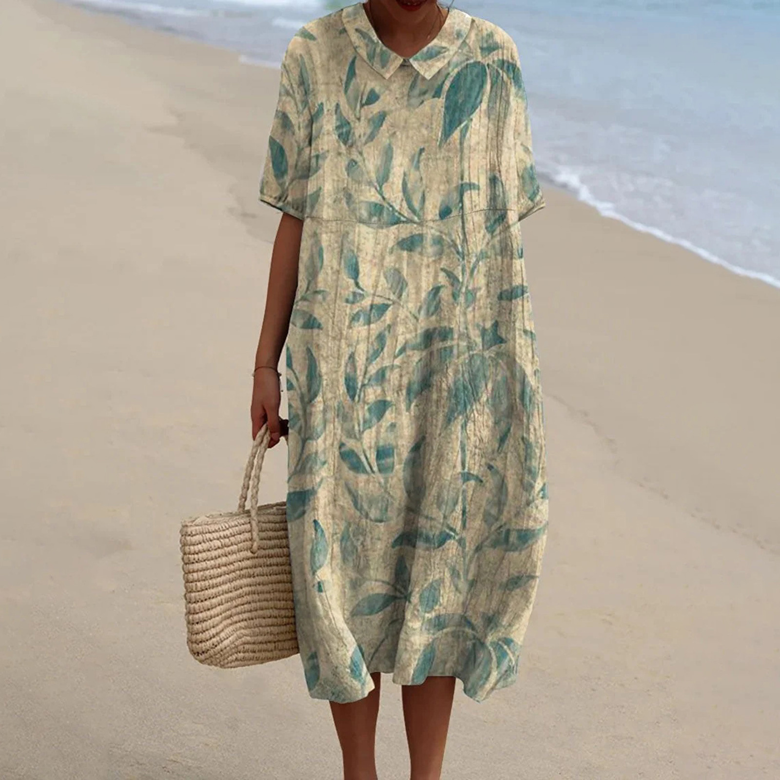 Women's Vintage Floral Art Print Pocket Linen Dress（Convertible Dress With Front And Back Option）