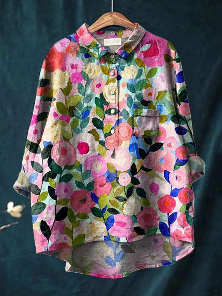 Women's Simple Colorful Flat Print Casual Cotton And Linen Shirt