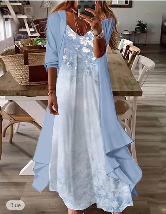 V-neck Half Sleeve Embroidery Floral Two-Piece Jacket Maxi Dress