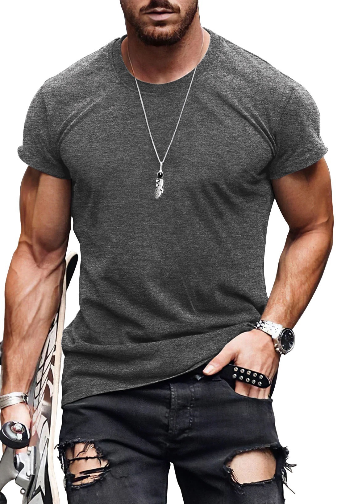 Mens Slim Fit T-shirt Bodybuilding Cotton Short Sleeve Solid Basic Fitness Tee Imily Bela