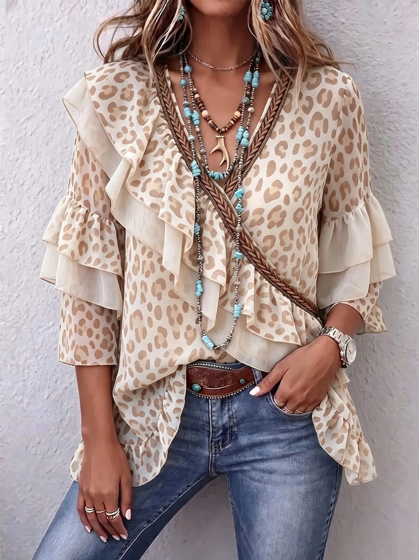 Women's Leopard Print V-Neck Ruffled 3/4 Sleeve Western Boho Blouse