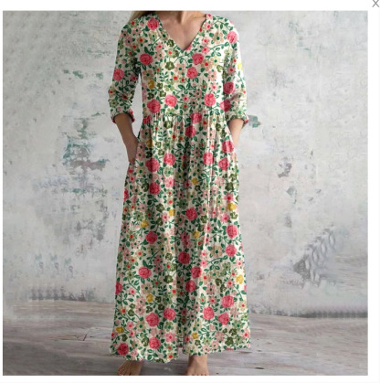 Women's Vintage Floral Print Casual Cotton Dress