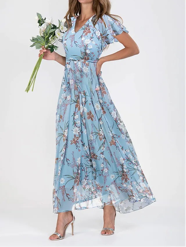 V Neck Short Sleeve Floral Maxi Dress