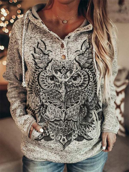 Women Retro Printed Pullover Hoodie, Casual Retro Floral Print Hooded Sweatshirt