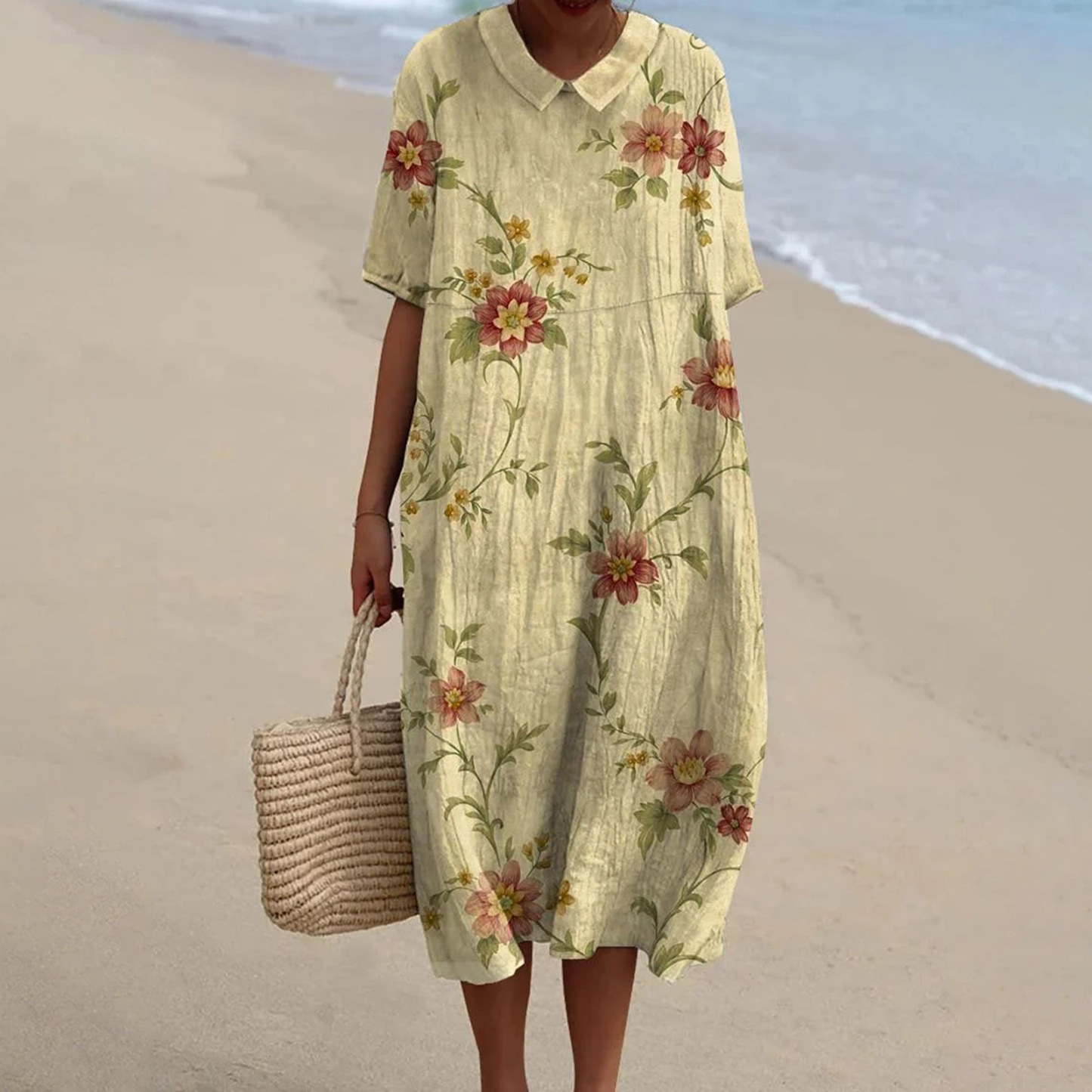 Women's Vintage Floral Art Print Pocket Linen Dress（Convertible Dress With Front And Back Option）