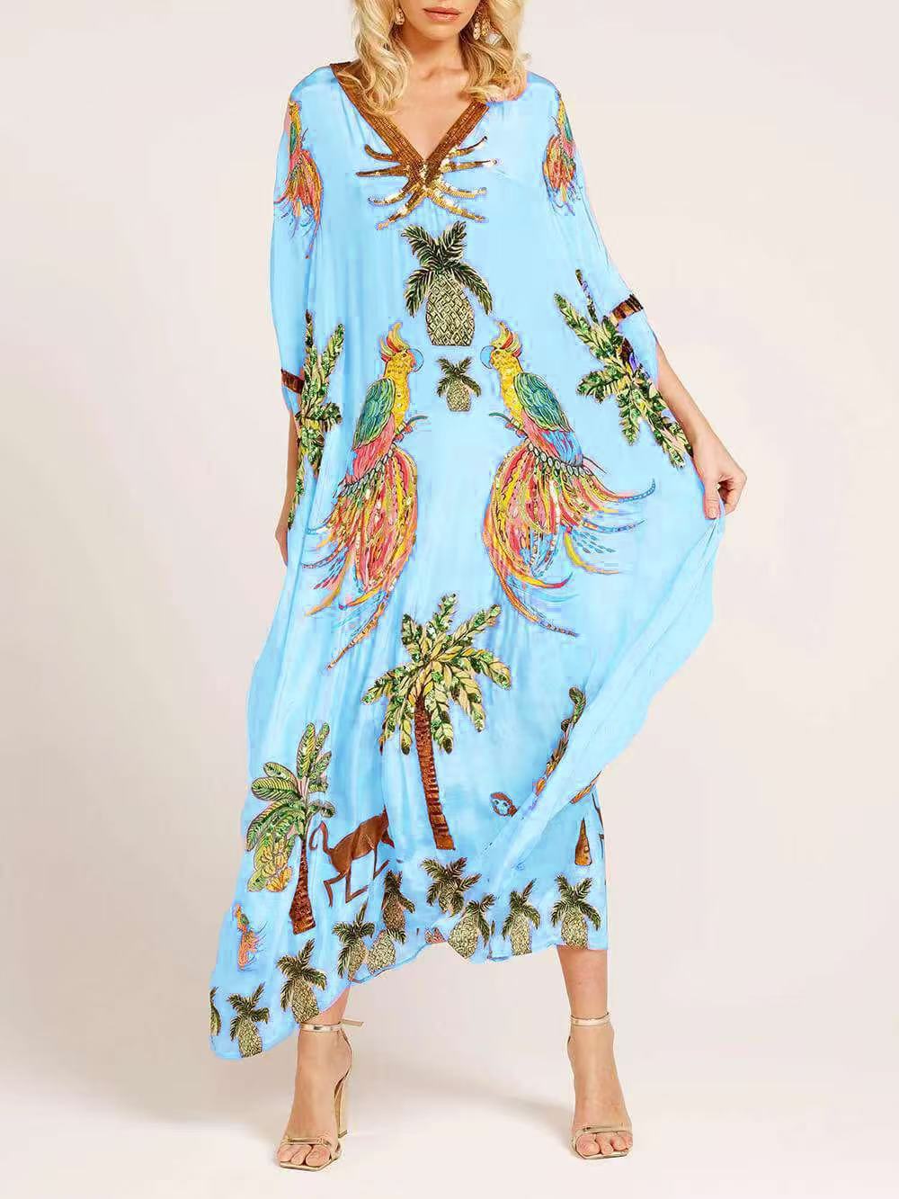 Unique Drop Shoulder Sleeve Coconut Tree Printed Dress