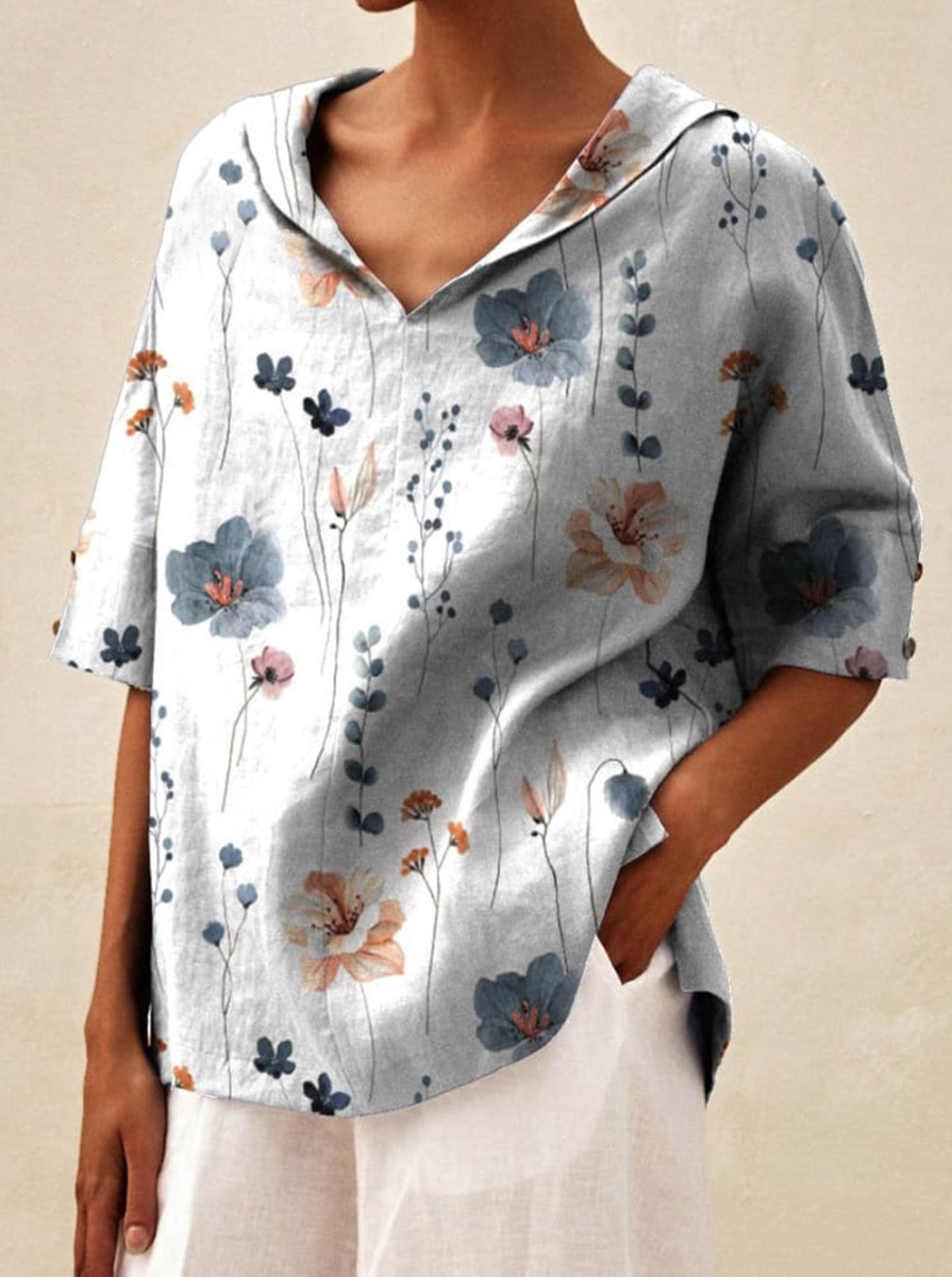 Women' Vintage Floral Art Print Casual V-neck Shirt