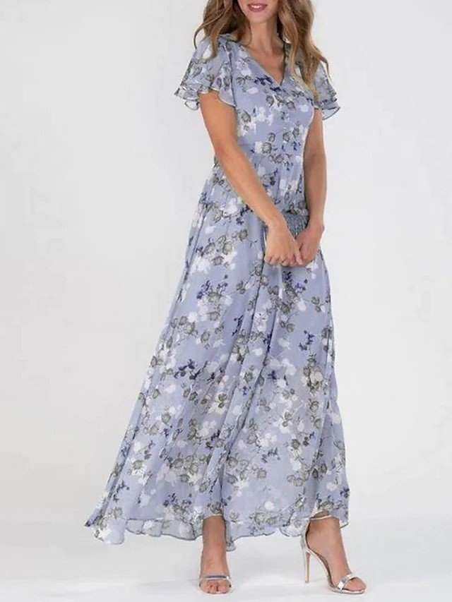 V Neck Short Sleeve Floral Maxi Dress