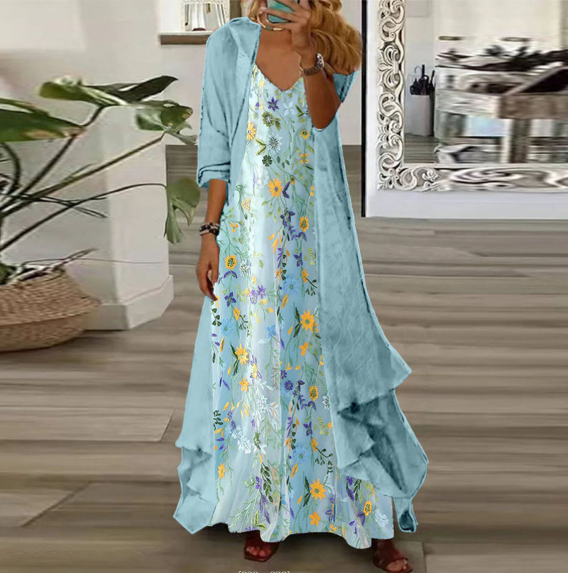 V-neck Half Sleeve Embroidery Floral Two-Piece Jacket Maxi Dress