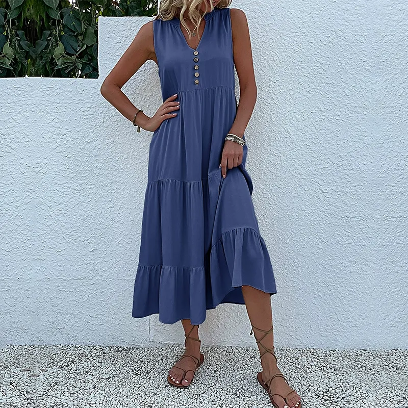 Button Detail Layered Hem Smock Dress
