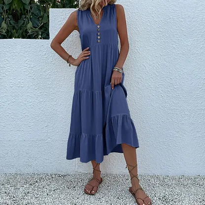 Button Detail Layered Hem Smock Dress