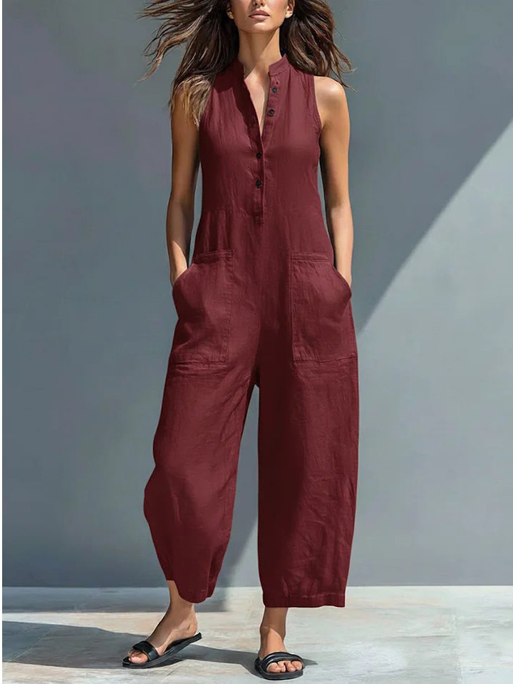 Women's Minimalist Linen Blend Button-up Stand-collar Sleeveless Loose Jumpsuit MDZ2725A5Y