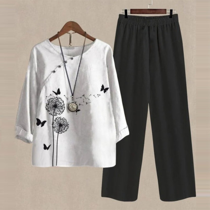 Women's Floral Leaf Two-Piece Set Light Blue Casual Summer Top with Pants