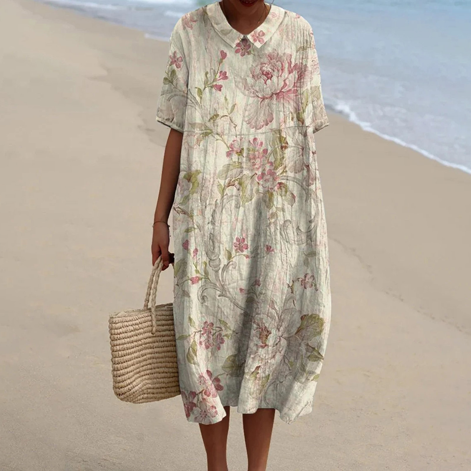 Women's Vintage Floral Art Print Pocket Linen Dress（Convertible Dress With Front And Back Option）