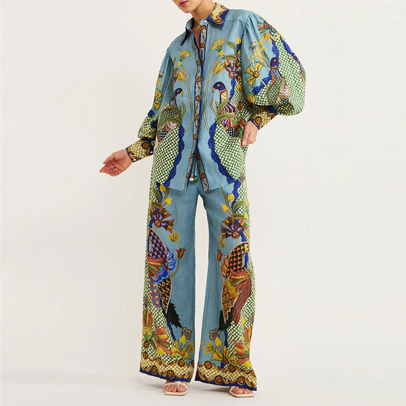 Beauty Unique Print Long Sleeve Shirt And Elastic Waist Pants Set