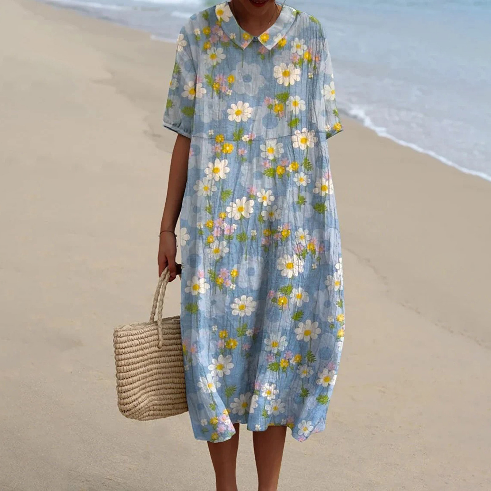 Women's Vintage Floral Art Print Pocket Linen Dress（Convertible Dress With Front And Back Option）