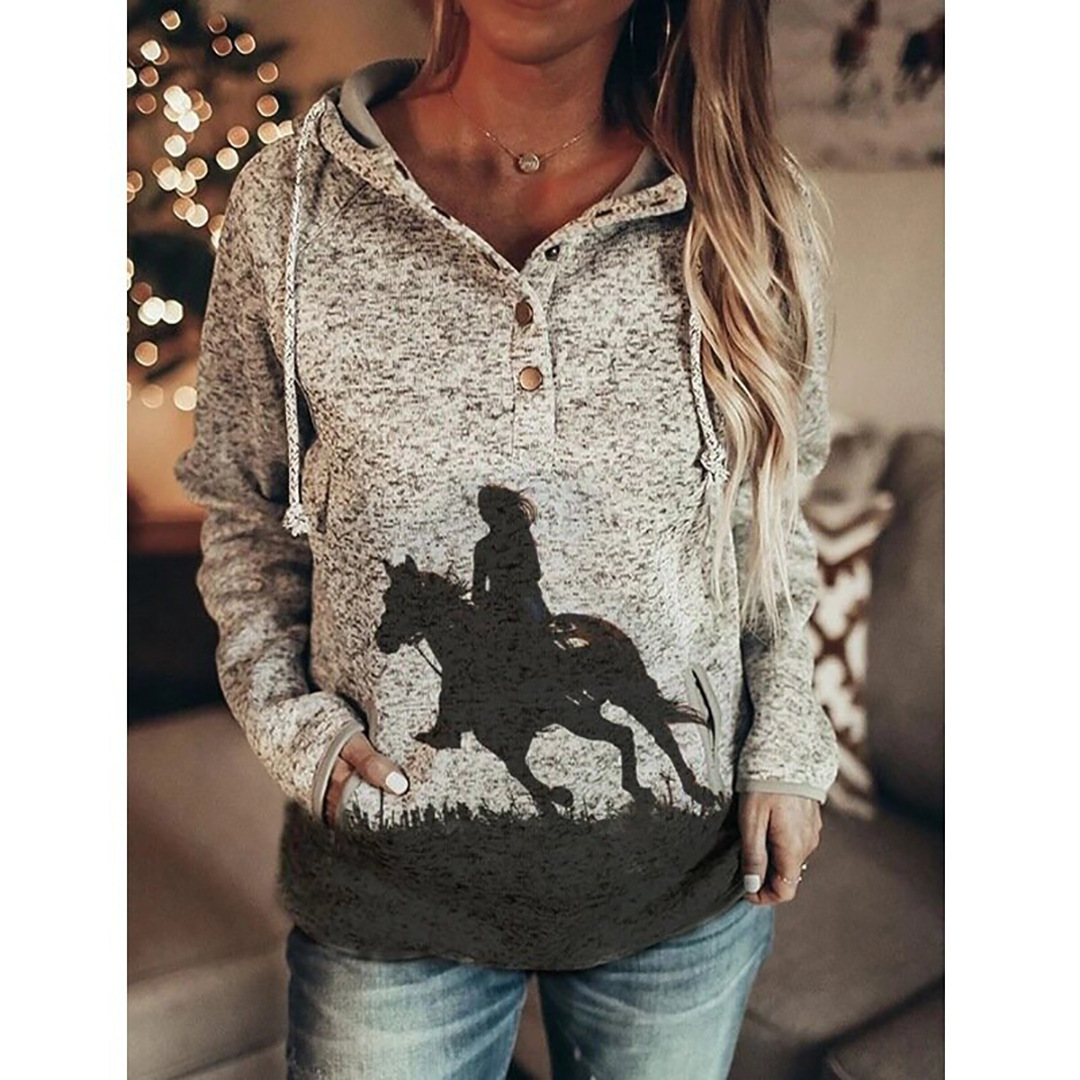 Women Retro Printed Pullover Hoodie, Casual Retro Floral Print Hooded Sweatshirt