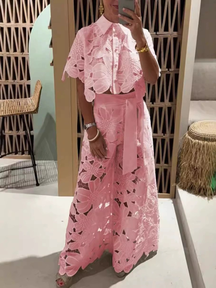 Exquisite Floral Embroidery Sexy Hollow Cardigan Two-Piece Set