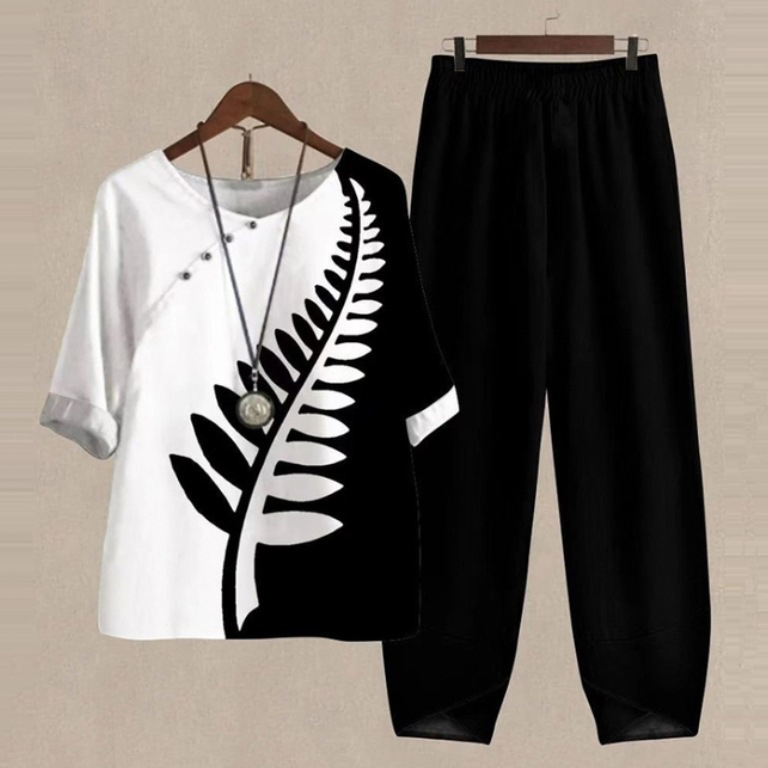 Women's Floral Leaf Two-Piece Set Light Blue Casual Summer Top with Pants