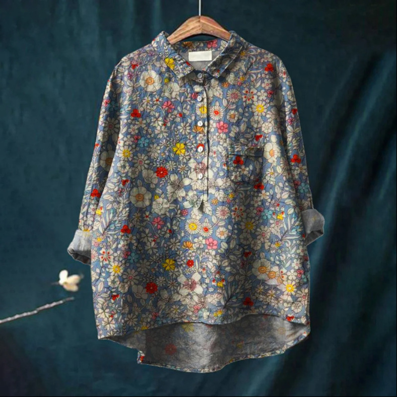 Women's Simple Colorful Flat Print Casual Cotton And Linen Shirt