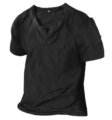 Men's Vintage Linen Henley Collar Short Sleeve T-Shirt