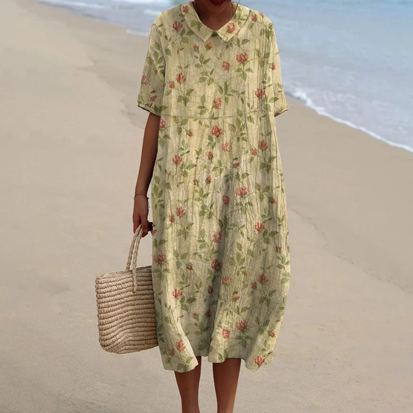 Women's Vintage Floral Art Print Pocket Linen Dress（Convertible Dress With Front And Back Option）