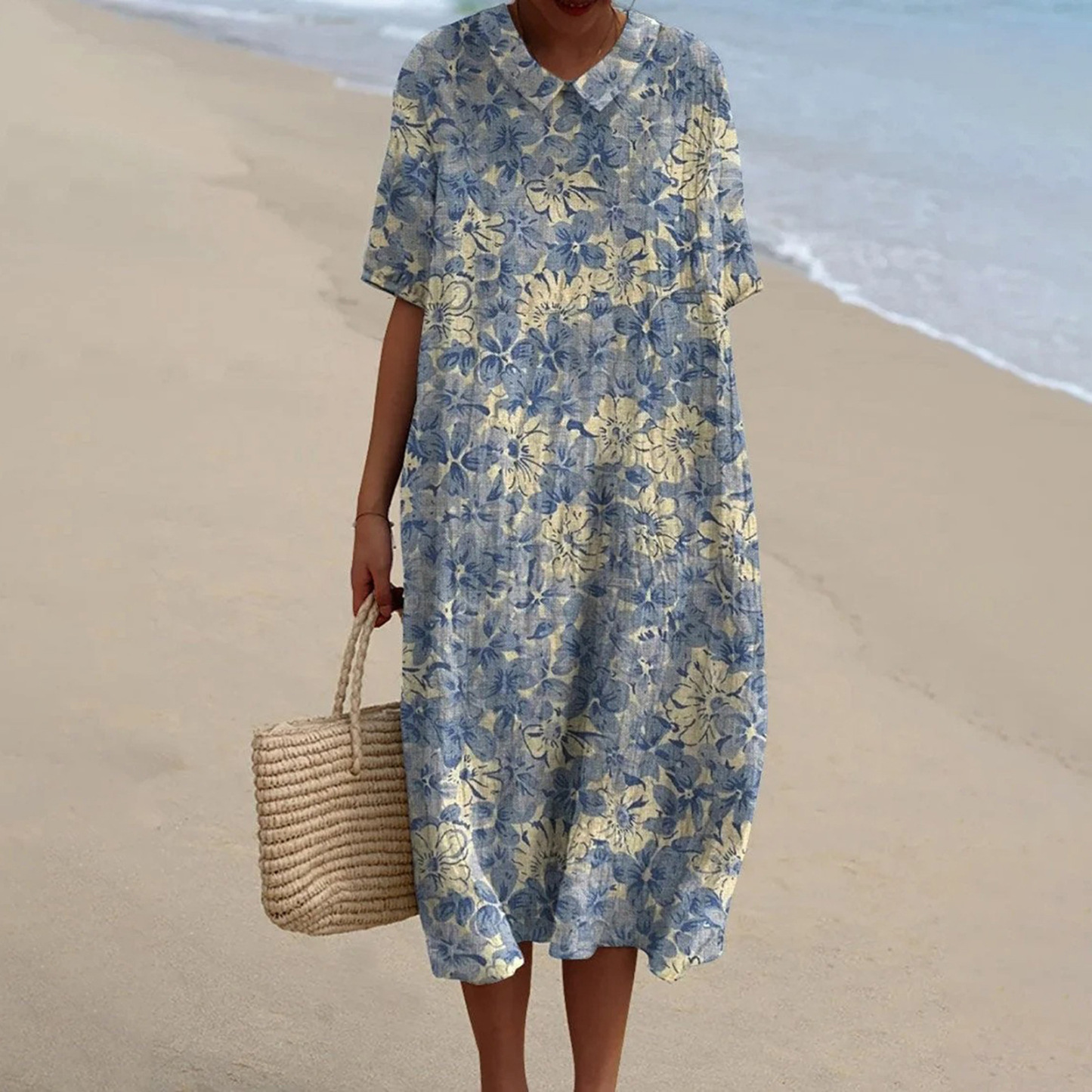 Women's Vintage Floral Art Print Pocket Linen Dress（Convertible Dress With Front And Back Option）