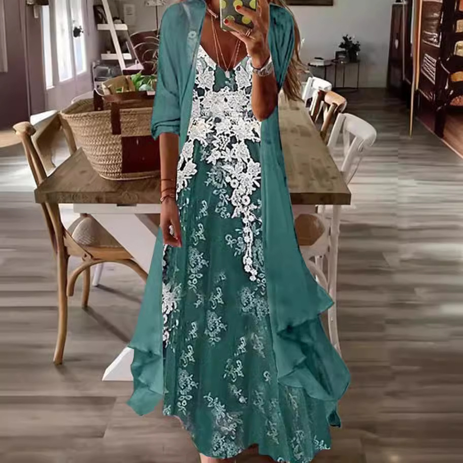 V-neck Half Sleeve Embroidery Floral Two-Piece Jacket Maxi Dress