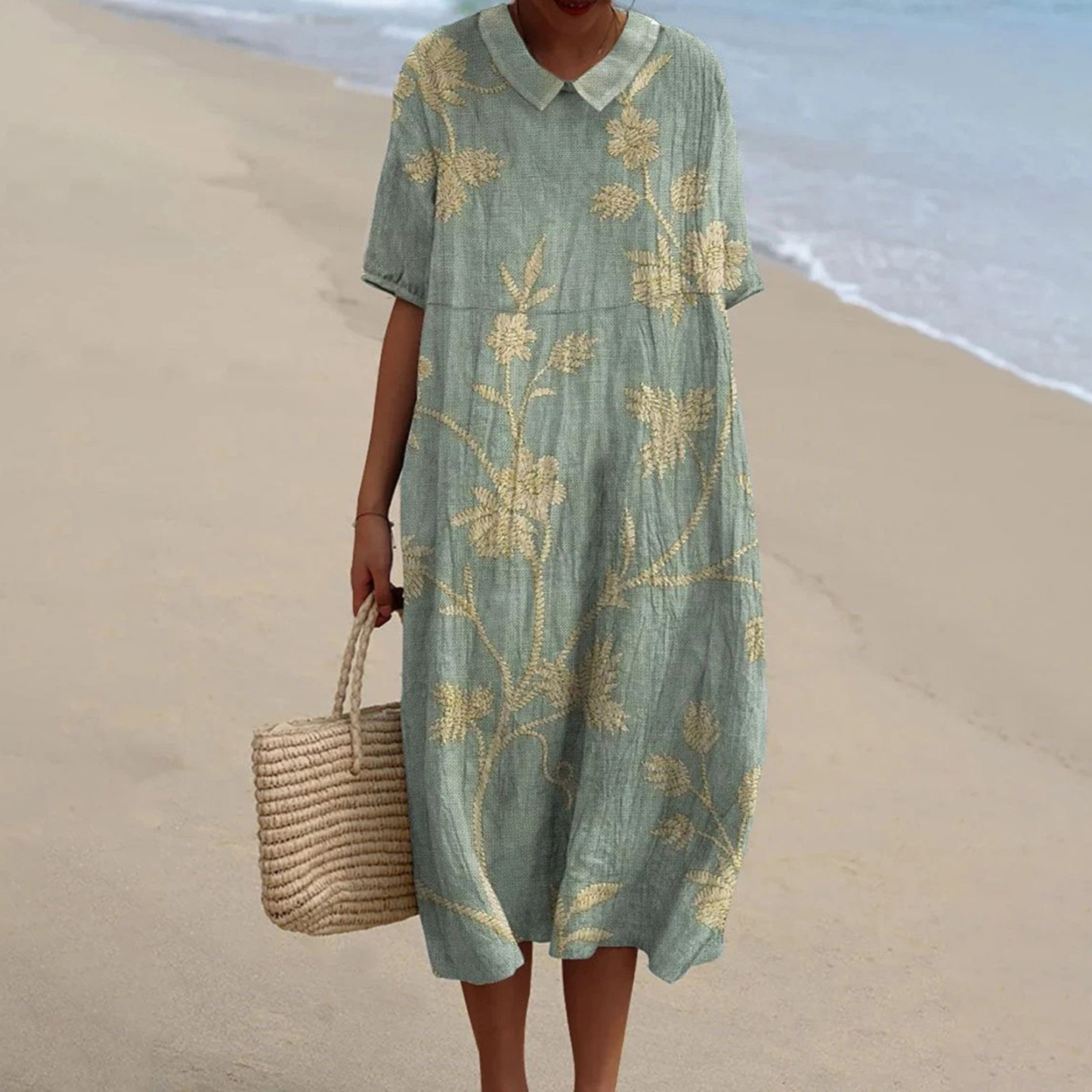 Women's Vintage Floral Art Print Pocket Linen Dress（Convertible Dress With Front And Back Option）