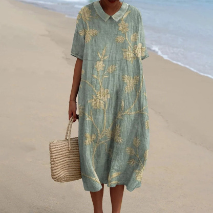 Women's Vintage Floral Art Print Pocket Linen Dress（Convertible Dress With Front And Back Option）