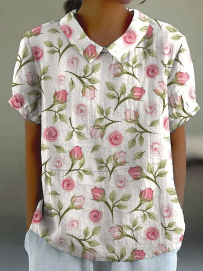 Women's Retro Floral Print Cotton Linen Casual Shirt