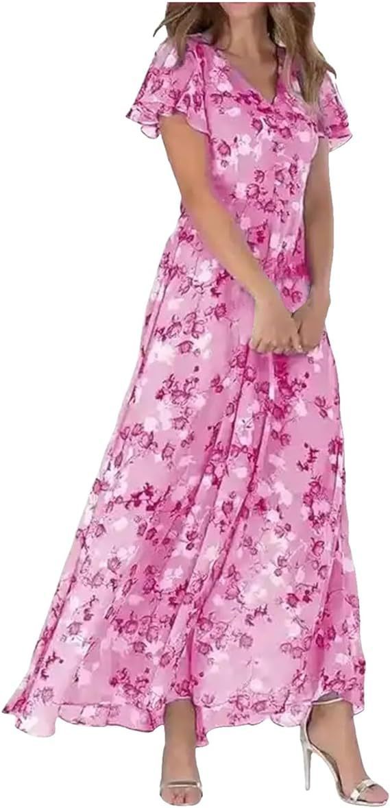 V Neck Short Sleeve Floral Maxi Dress