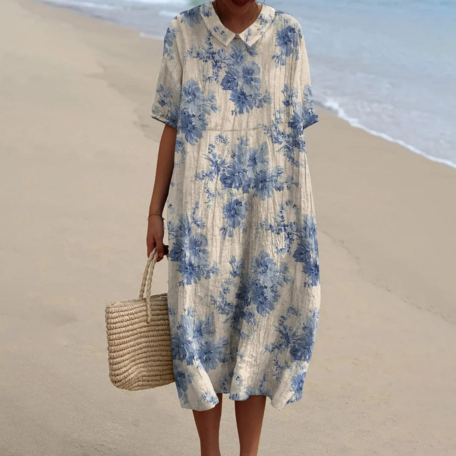 Women's Vintage Floral Art Print Pocket Linen Dress（Convertible Dress With Front And Back Option）