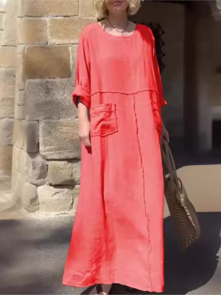 Women's Maxi Dress Solid Plus Size Loose Cotton Linen Long Dresses with Pockets