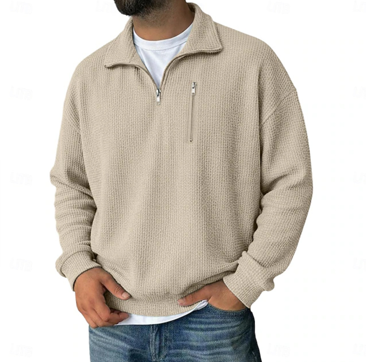 Men's Half-Zip Long-Sleeved Heavy Weight Striped Stand-Collar Loose-Fi