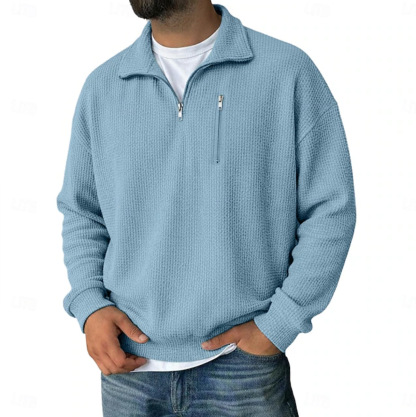 Men's Half-Zip Long-Sleeved Heavy Weight Striped Stand-Collar Loose-Fitting Sweatshirt