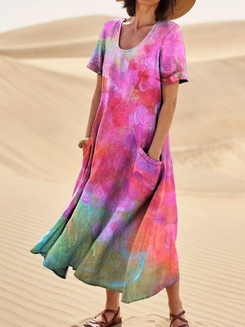 Women's Short-Sleeved Printed Long Dress