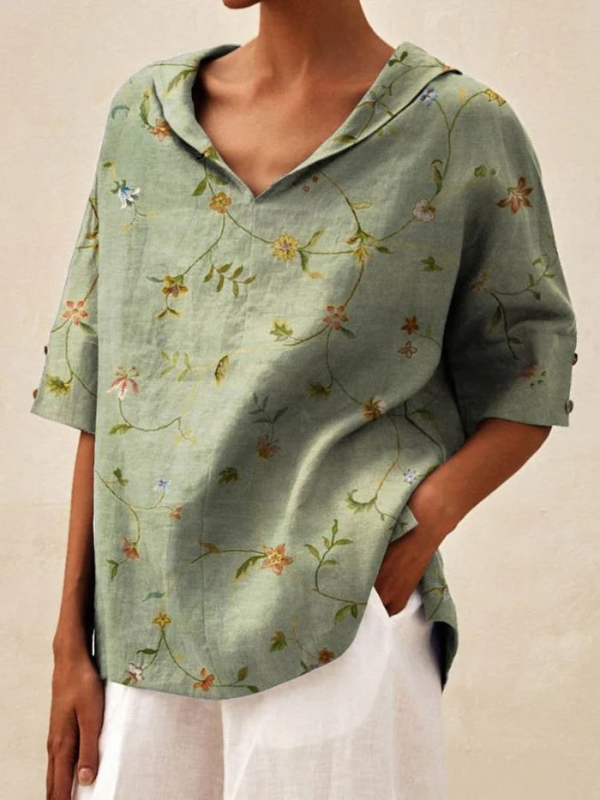 Women' Vintage Floral Art Print Casual V-neck Shirt