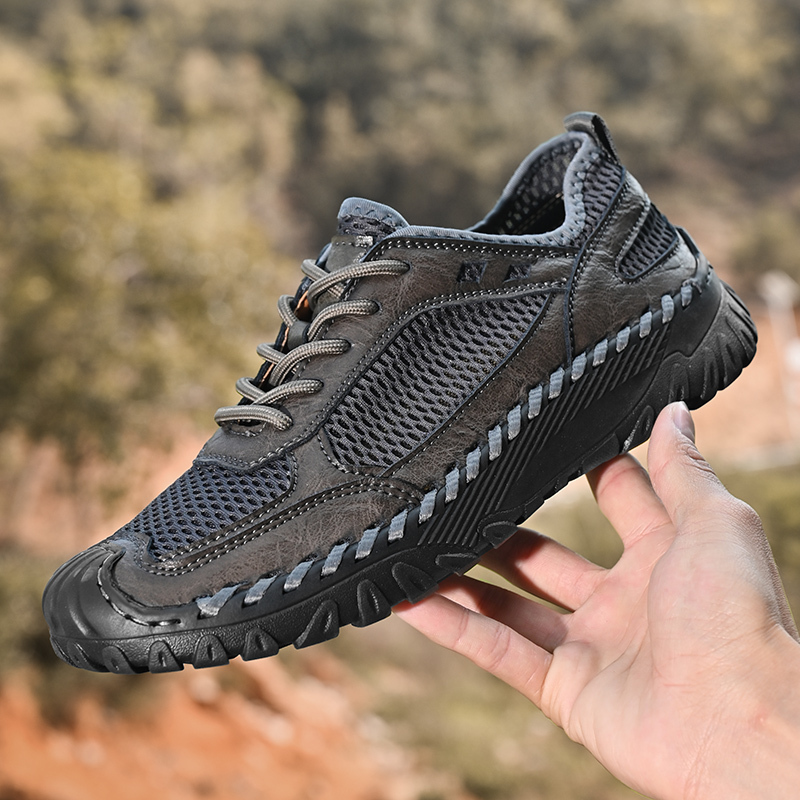 (⏰LAST DAY-60% OFF🛒)Men’s Genuine Leather Loafers – Breathable Mesh Slip-On Casual Shoes with Arch Support, Wide Toe Design, Hand-Sewn Stitching & Anti-Slip Sole for Work & Driving