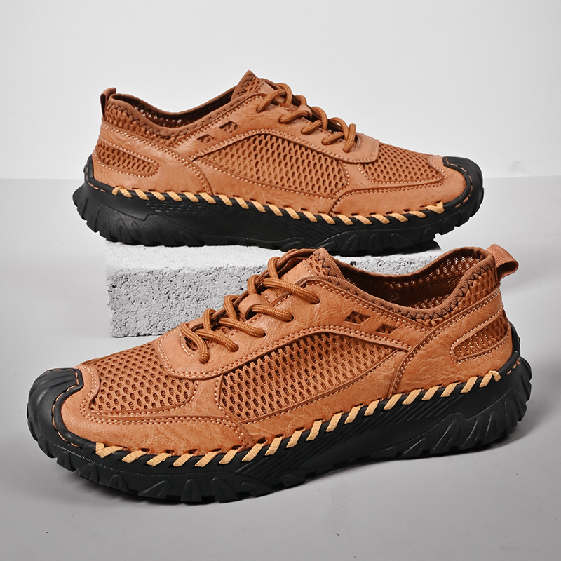 (⏰LAST DAY-60% OFF🛒)Men’s Genuine Leather Loafers – Breathable Mesh Slip-On Casual Shoes with Arch Support, Wide Toe Design, Hand-Sewn Stitching & Anti-Slip Sole for Work & Driving