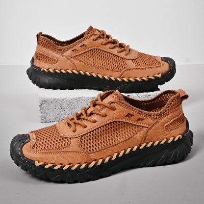 (⏰LAST DAY-60% OFF🛒)Men’s Genuine Leather Loafers – Breathable Mesh Slip-On Casual Shoes with Arch Support, Wide Toe Design, Hand-Sewn Stitching & Anti-Slip Sole for Work & Driving