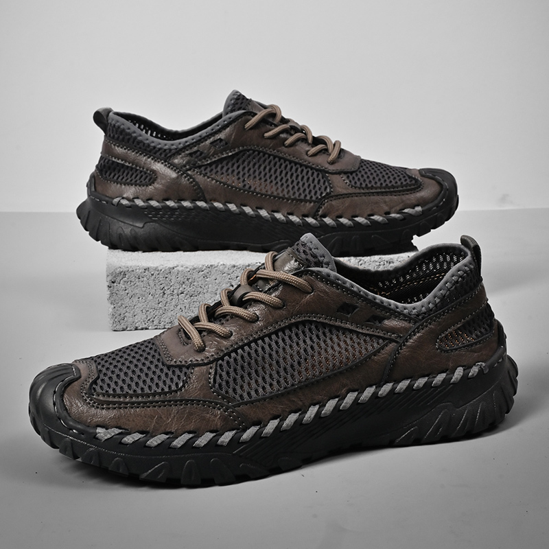 (⏰LAST DAY-60% OFF🛒)Men’s Genuine Leather Loafers – Breathable Mesh Slip-On Casual Shoes with Arch Support, Wide Toe Design, Hand-Sewn Stitching & Anti-Slip Sole for Work & Driving