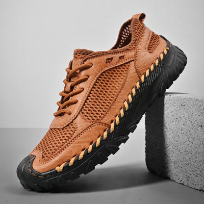 (⏰LAST DAY-60% OFF🛒)Men’s Genuine Leather Loafers – Breathable Mesh Slip-On Casual Shoes with Arch Support, Wide Toe Design, Hand-Sewn Stitching & Anti-Slip Sole for Work & Driving